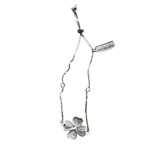 925 Sterling Silver Four Leaves Clover Studded Link Charm Adjustable Bracelet - Picture 4 of 5